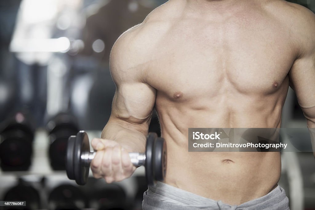 Young Bodybuilder exercising Young man in Fitness - muscular man lifting weights Abdomen Stock Photo