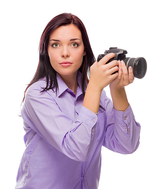 istock Attractive Mixed Race Young woman With DSLR Camera on White 487786131