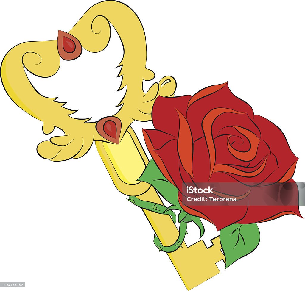 Золотой ключ и красная роза изолированные на белом фоне - Векторная графика Антиквариат роялти-фри