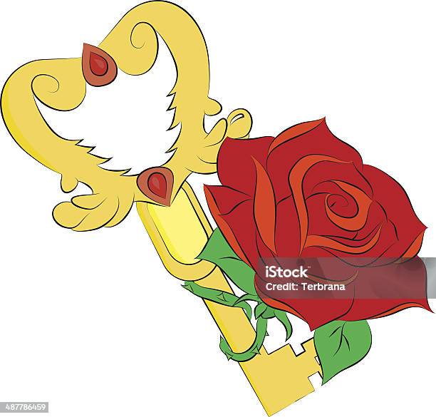 Золотой Ключ И Красная Роза Изолированные На Белом Фоне — стоковая векторная графика и другие изображения на тему Антиквариат