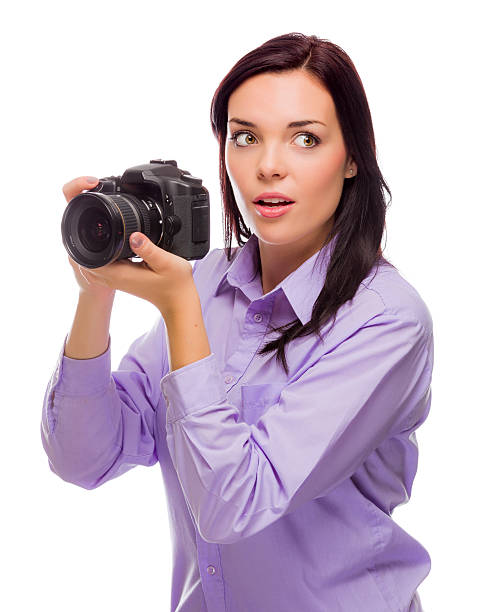 istock Attractive Mixed Race Young woman With DSLR Camera on White 487787061