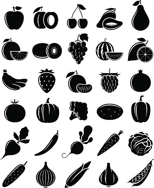 ilustraciones, imágenes clip art, dibujos animados e iconos de stock de vector en blanco y negro de iconos de frutas y verduras - apple sign food silhouette