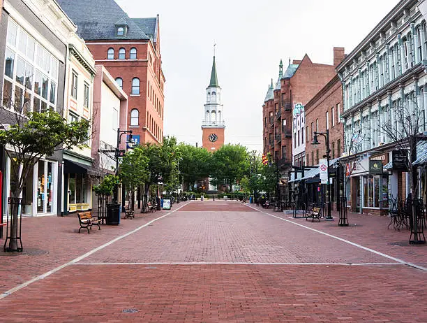 early morning on Church Street in Burlington, Vermont with Church at top of the street