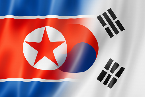Mixed North Korea and South Korea flag, three dimensional render, illustration