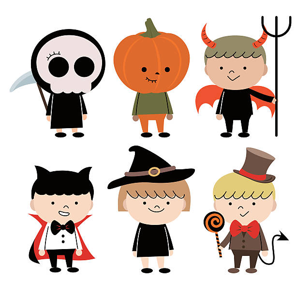 ilustraciones, imágenes clip art, dibujos animados e iconos de stock de grupo de multi étnica niños (6 niños) en halloween de disfraz - vampire vampiress little girls cartoon