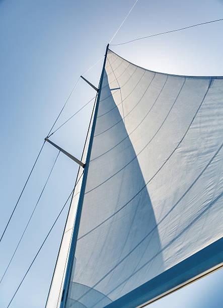 Sail on sky background Sail on sky background, part of luxury water transport, summer adventure on sailboat, freedom and active lifestyle concept sail stock pictures, royalty-free photos & images