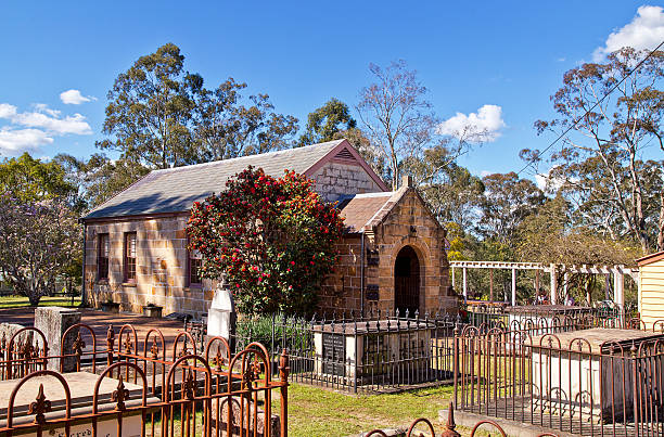 Wilberforce,Australia - August 30, 2015: The graveyard and main building of Ebenezer Church, the oldest surviving church in Australia. A surgeon from the First Fleet is buried here.