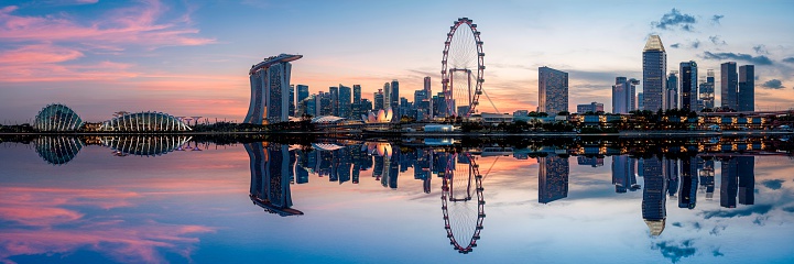 Singapore city skyline with reflection in wide format.