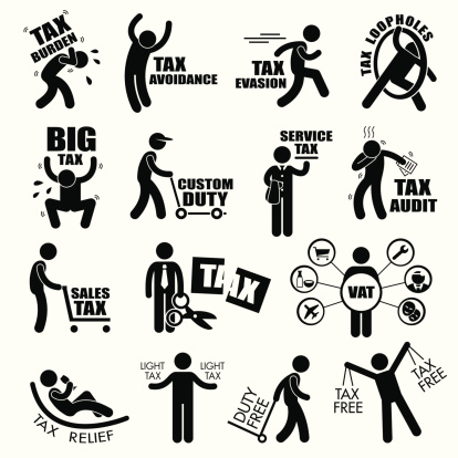 A set of human stick figure representing taxpayer concept of tax burden, tax avoidance, tax evasion, tax loopholes, heavy tax, custom duty, service tax, tax audit, tax cut, vat, tax relief, and tax free.