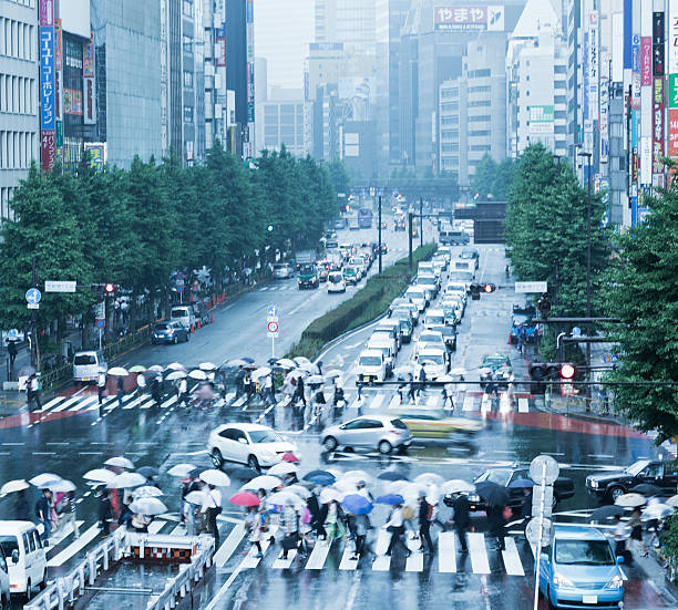 tóquio chuvoso usuários - umbrella parasol rain rush hour - fotografias e filmes do acervo