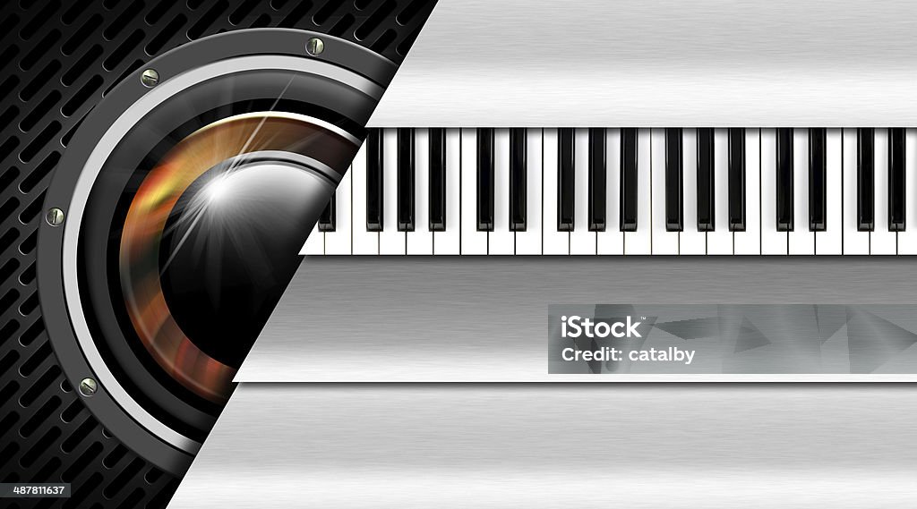 Music Metal Business Card Background with dark grid, woofer, metal stripes and piano keyboard - business card music Acoustic Music Stock Photo