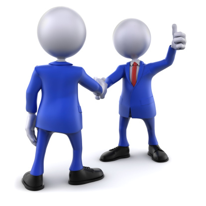 3d businessmen shaking hands, thumbs up, isolated with clipping path