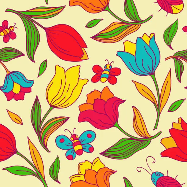 Vector illustration of Floral pattern with butterflies and tulips.