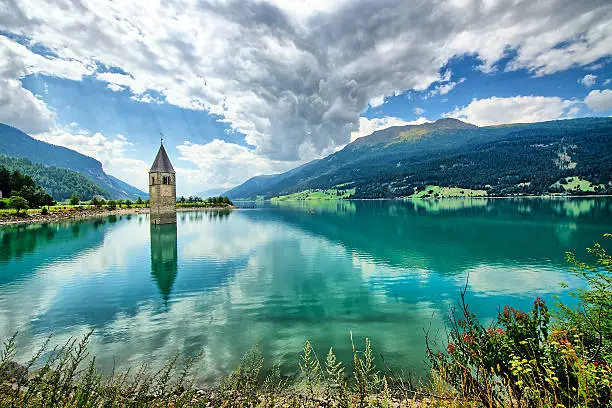 Bell tower of the Reschensee (Resia) South Tyrol Italy