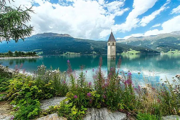 Bell tower of the Reschensee (Resia) South Tyrol Italy