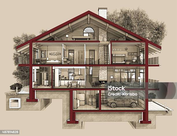 3d Section Of A Country House Stock Photo - Download Image Now - House, Cross Section, Air Duct