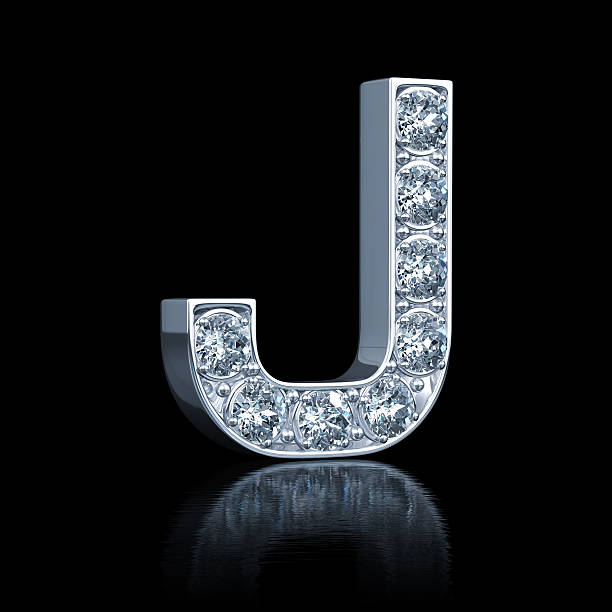 Letter J With Diamonds On the black background with reflection and clipping path. Concept design. 3D render. crystal letter j stock pictures, royalty-free photos & images