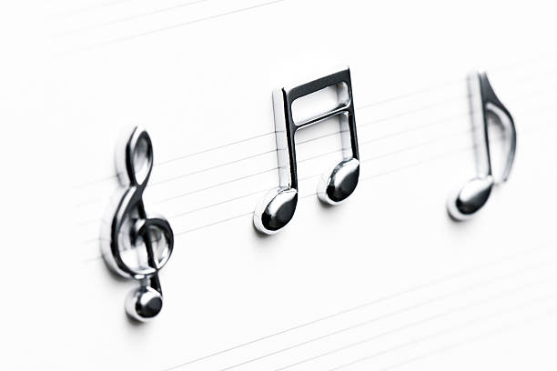istock Silver metal musical note on sheet music 487830653