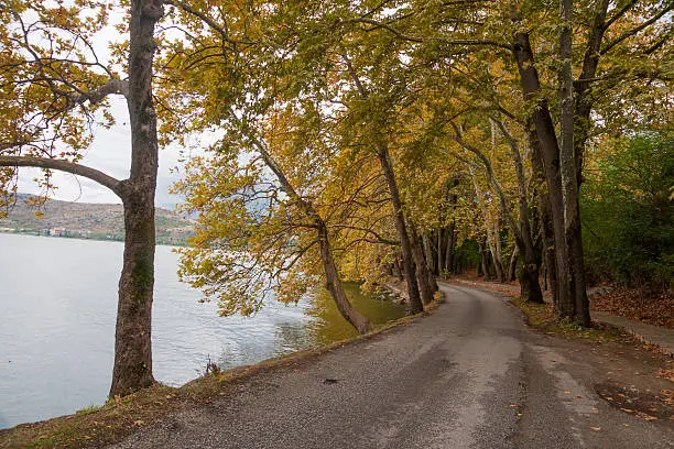 A lake shore road in Kastoria, Greece