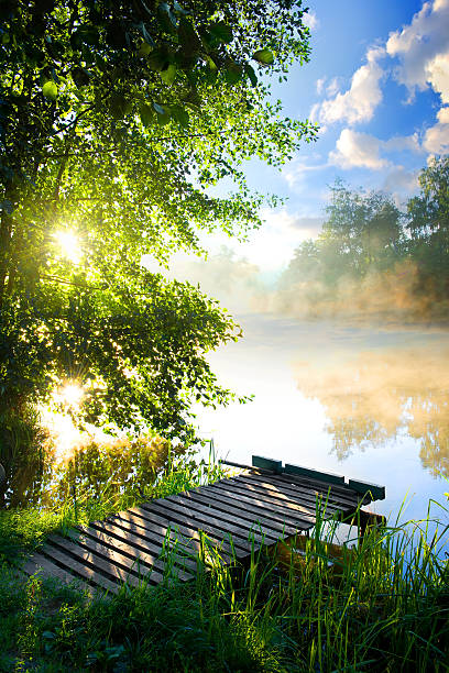 wędkowanie molo na rzekę - fog landscape sun sunlight zdjęcia i obrazy z banku zdjęć