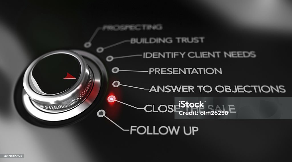 Key Selling Points, Sales Process Illustration Switch button positioned on the text Close the sale, black background and red light. Conceptual image for illustration of sale process or selling tips. Sales Occupation Stock Photo