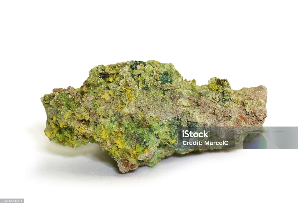 Museum mineral-Serie: Drei Uran Mineralien aus Zaire. 3,8 cm breit. - Lizenzfrei Selen Stock-Foto