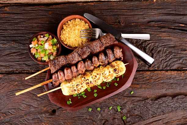 Beef, Mozzarella and Chicken Hearts Kebabs Beef, Mozzarella and Chicken Hearts Kebabs skewer photos stock pictures, royalty-free photos & images