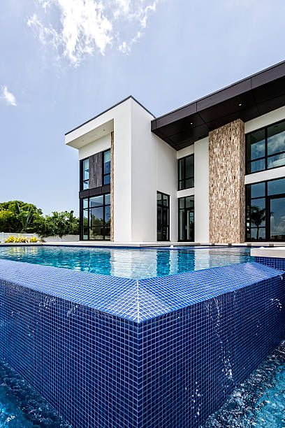 istock Beautiful Swimming Pool with Waterfall Over Edge of Pool 487841594