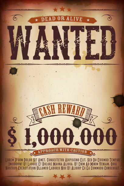 Wanted Vintage Western Poster Vector illustration of a vintage old wanted placard poster template, with dead or alive inscription, cash reward as in far west and western movies. File is EPS10 and uses multiply and overlay transparency. Vector eps and high resolution jpeg files included bounty hunter stock illustrations