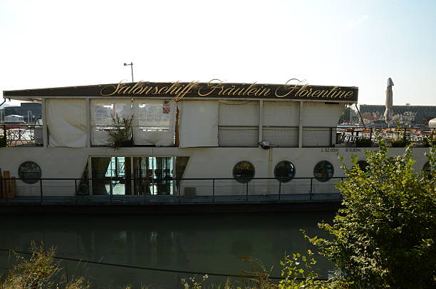 Danube river, Vidin town, Bulgaria - June 15, 2018: Restaurant in Danube river near Vidin town made from ship. Bulgaria, Balkans, Europe.
