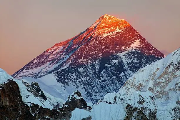 Evening colored view of Mount Everest from Gokyo Ri, Khumbu valley, Solukhumbu, Sagarmatha national park, Nepal