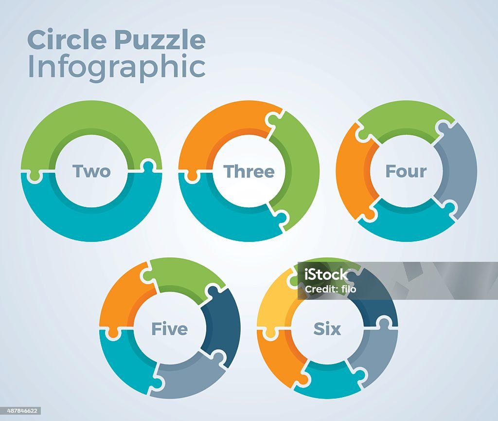 Circle Puzzle Infographic Circle puzzle data infographic with two, three, four, five and six piece versions with space for your copy. Jigsaw Piece stock vector