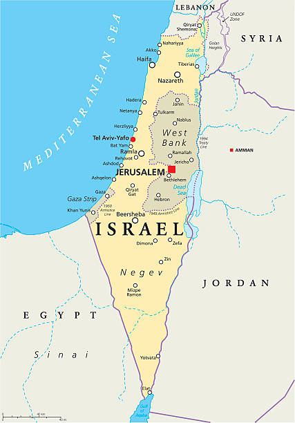 Israel Political Map Israel political map with capital Jerusalem, national borders, important cities, rivers and lakes. English labeling and scaling. Illustration. israel stock illustrations