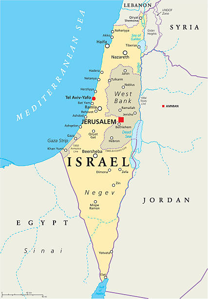 Israel Political Map Israel political map with capital Jerusalem, national borders, important cities, rivers and lakes. English labeling and scaling. Illustration. bethlehem west bank stock illustrations