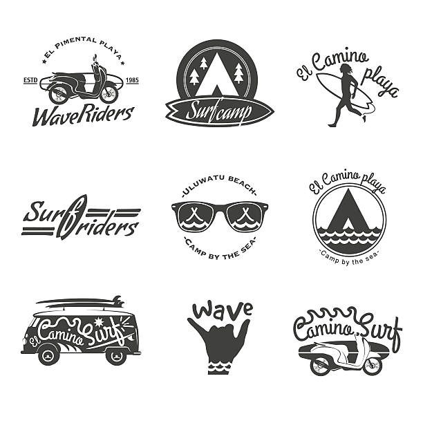 SURF Set of Surf logo and emblem. Surf summer t-shirt design. Surfing, swimming, beach life style aloha single word stock illustrations