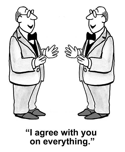 Easy Solution Business or legal cartoon showing two identical businessmen, one is saying, "I agree with you on everything'. arbitrator stock illustrations