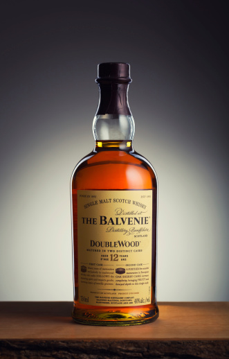 Calgary, Canada - April 29, 2014: The Balvenie Double Wood 12 year old Scotch Whiskey.  The Balvenie distillery has been operating since 1893 in Dufftown Scotland.