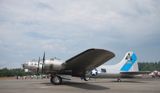Arlington, United States- July 14, 2012:  The B-17 bomber the Sentimental Journey is part of the Commemorative Air Force and was on display at the Arlington Fly In and Airshow.