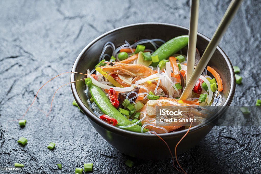 Noodles with vegetables and prawns Vegetables served with prawns and noodles. Thai Food Stock Photo