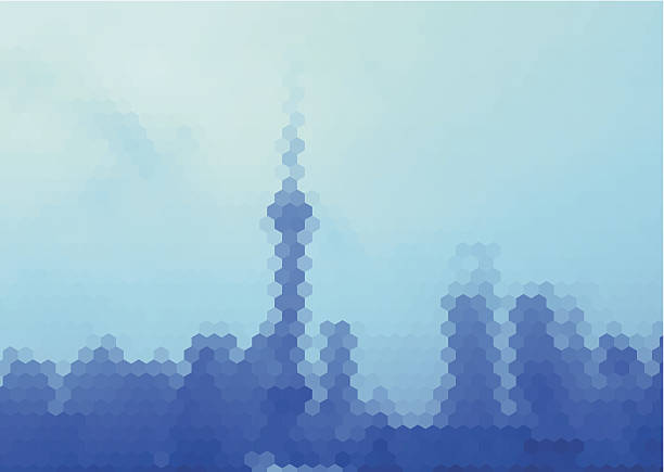abstrakt blau sechseck mosaik muster hintergrund stil auf die skyline von shanghai - shanghai finance skyline backgrounds stock-grafiken, -clipart, -cartoons und -symbole