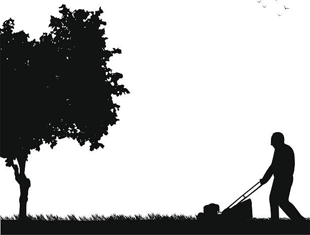 Spring activities in garden, man cut the lawn Spring activities in garden, man cut the lawn silhouette, one in the series of similar images tree cutting silhouette stock illustrations
