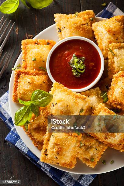 Homemade Fried Ravioli With Marinara Sauce Stock Photo - Download Image Now - Baked Pastry Item, Basil, Bread