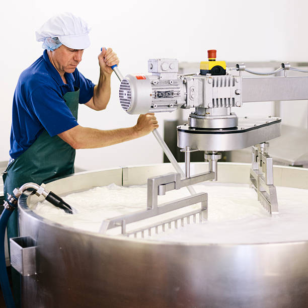 Cheese making Traditional cheese making at a Devon creamery, Sharpham Dairy,  UK  butter churn stock pictures, royalty-free photos & images