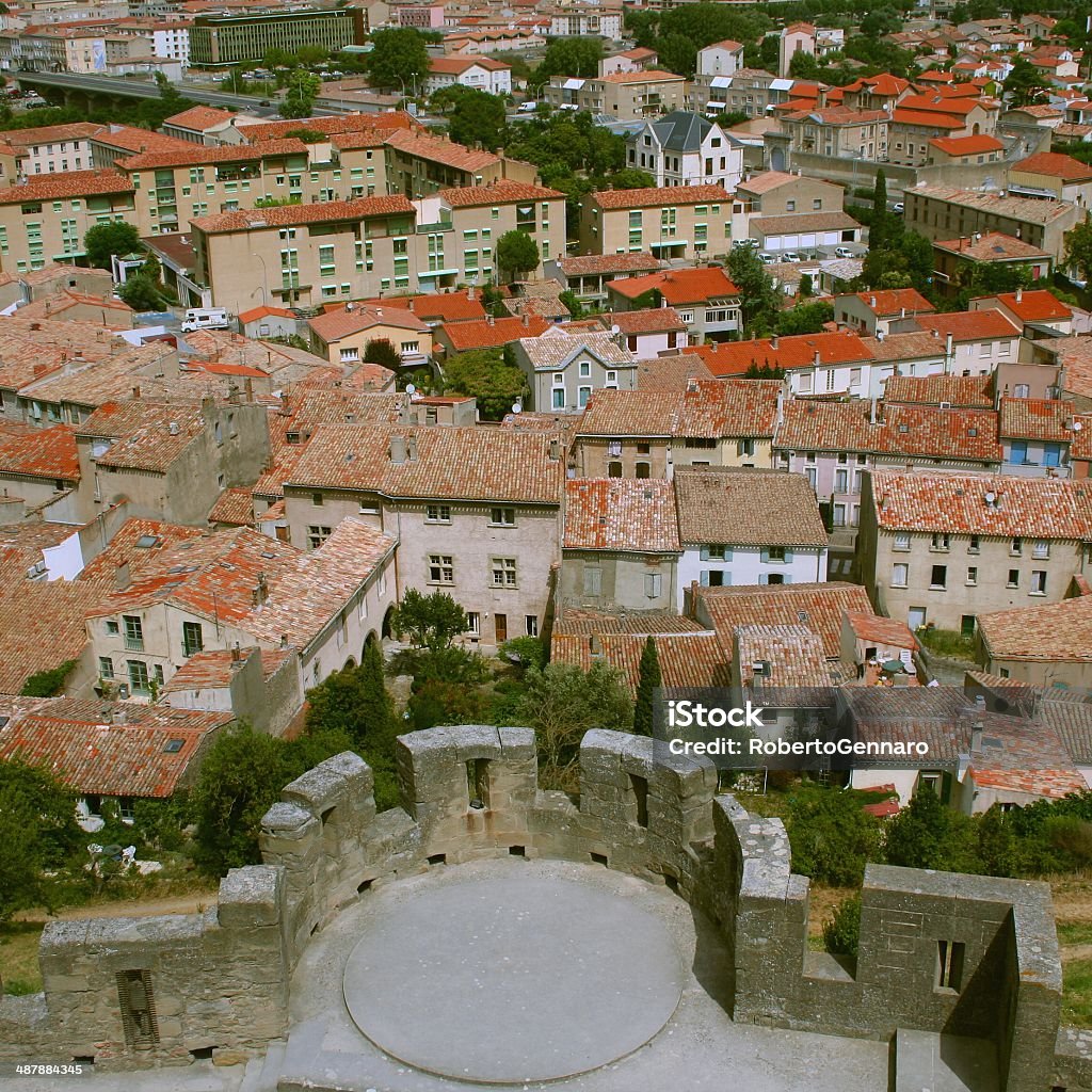 Carcassonne Languedoc cityscape aerial view France Aerial view of Carcassonne, Languedoc, France, from its medieval citadel. Aerial View Stock Photo