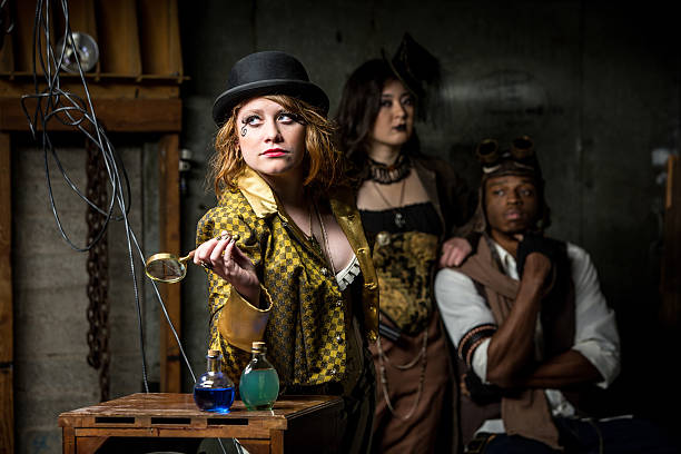 Steampunk Trio with In Retro Lab Three Steampunks with in Retro Lab with Potions steampunk pistol pictures stock pictures, royalty-free photos & images