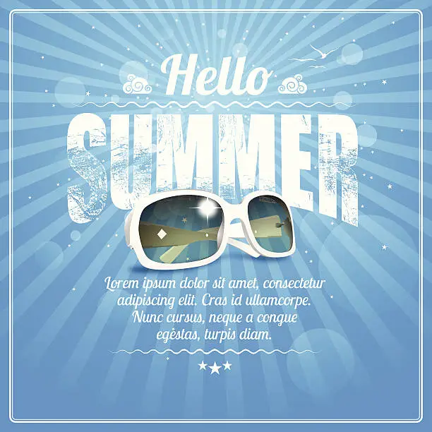 Vector illustration of Hello Summer poster with cool white sunglasses on blue rays