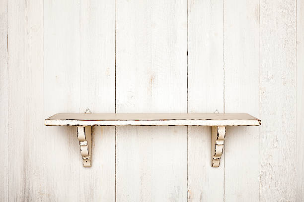 istock Shabby shelf on white painted wood background 487904763