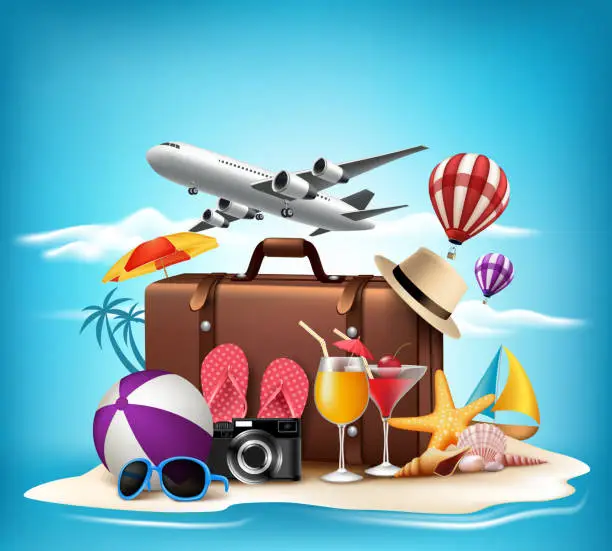 Vector illustration of 3D Realistic Summer Vacation Design for Travel in a Beach