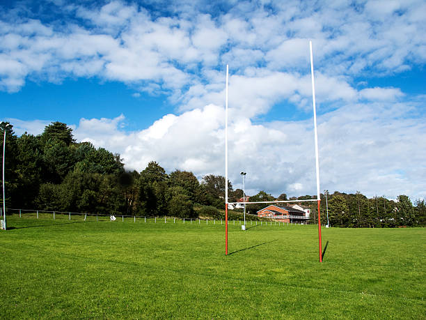 istock Rugby field with goalposts and summer sky 487917182