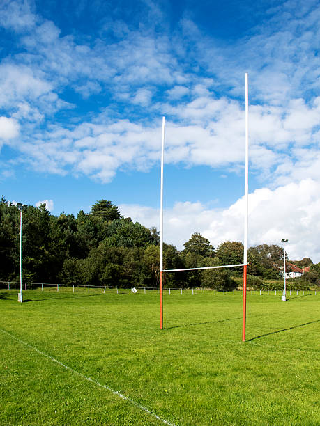 retrato campo de rúgbi com traves distantes e céu de verão - rugby wooden post goal post rugby post - fotografias e filmes do acervo